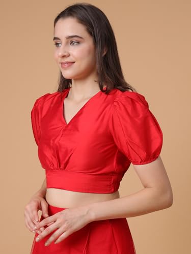 Image of Frolic Rolic Premium Silk V-Neck Blouse Readymade Saree Blouse - Designer Puff Sleeve Blouse for Wedding