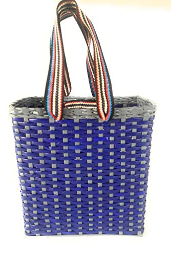 Image of Paperus, Small Blue & Grey, Lunch Bag, Carry Bag, Handbag, Tiffin Basket, Eco-Friendly, Handmade, of Paper Ropes 11 in Tall 10 in Length 5 in Wide Base