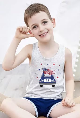 Image of 4th of July Tank Tops Toddler Boys American Flag Shirts Kids Patriotic T-Shirts Sleeveless Top 100% Cotton Tees 1-7T