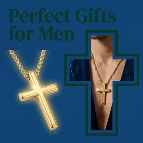 Image of 14K Gold Cross Necklaces for Men,Crosses Pendant Necklace for Mens Minimalist Religion Jewelry Chunky Box Chain 24in