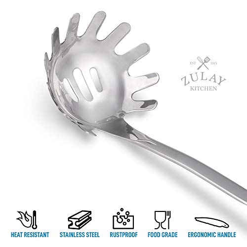 Zulay Kitchen 12 Inch Pasta Server - Durable Food Grade Stainless Steel Pasta Spoon Server With Ergonomic Handle & Heat Resistant Design - Kitchen Spaghetti Server Fork For Noodles, Pasta, & More #TOP6