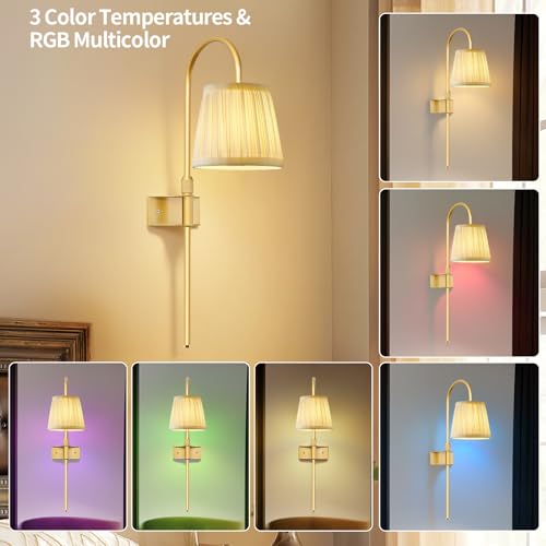 Image of ZECOXOL Vintage Battery Operated Wall Sconces Set of 2, Gold Rechargeable Wireless Wall Lamp Lights with Fabric Lampshade & LED Remote Bulb,Dimmable Flower Wall Sconce for Bedroom Living Room Hallway