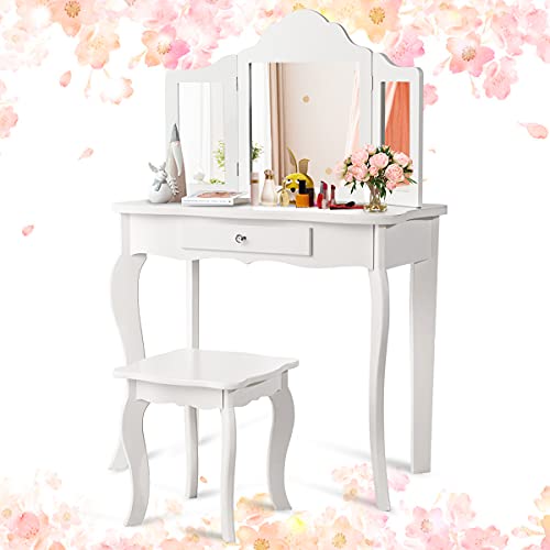 Coiffeuse Enfant Avec Miroir Et Tabouret - Blanc Rose - Table De Maquillage Et Bureau 70x34x105cm