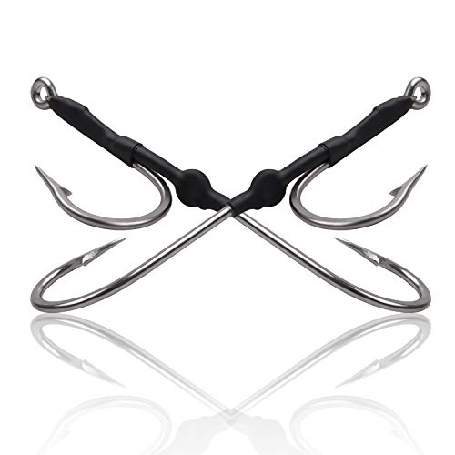 Stainless Steel Double Hook Rig For Trolling And Chunking, 5Pcs Offset Double Big Game Fishing Hooks Forged Saltwater Fishing For Catfish Tuna Marlin (5Pcs 8/0) #TOP5