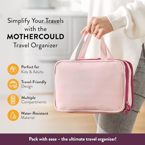 Kids Travel Organizer – Multi-Compartment, Water-Resistant Hanging Bag for Toys, Snacks, & Activities - Compact, Lightweight Design with Hook & Carry Handle - Perfect for Travel Use (Pink, Small)2