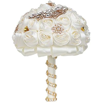 WIFELAI-A Handgefertigte Strass-Brosche für Hochzeitsblumen, Brautsträuße, Kristall, Brautstrauß, weiße elfenbeinfarbene Satin-Rosen mit Diamant-Perlenband – Bild 4
