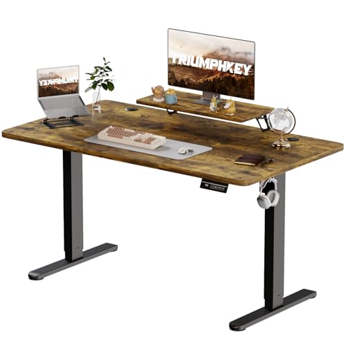 TRIUMPHKEY 160x70cm Escritorio Elevable Eléctrico con Soporte para Monitor, Escritorio Regulable en Altura con 2 Alturas de Memoria, Mesas de Ordenador, Standing Desk de Oficina Marrón