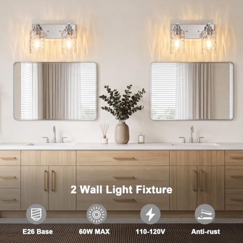 Image of 2-Light Bathroom Light Fixtures Modern Chrome Vanity Lights | Easy to Install Clear Hammered Glass Shades, Rippled Glow, Wall Mount Up or Down, E26 Socket, Hardwired, 120V