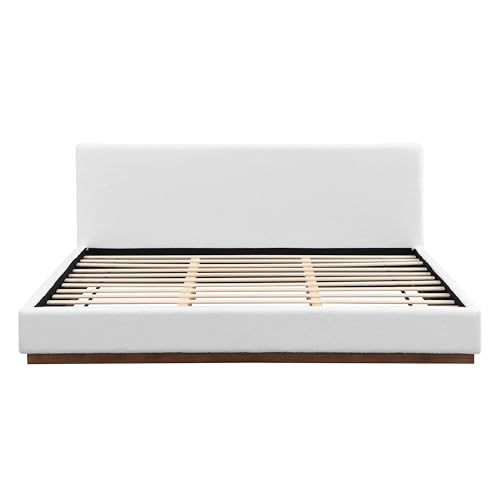 Image of Merax King Size Boucle Upholstered Bed Frame with Thick Headboard, Minimalism White Upholstery Platform Bed for Bedroom, Apartment, Solid Wooden Slats Support, No Box Spring Needed, Low Profile Design