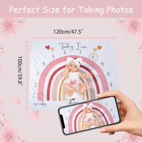 Image of Ylsteed Baby Monthly Milestone Blanket, Rainbow Flannel, Single Layered, 47 inch x 40 inch, Baby Growth Chart Photography Prop