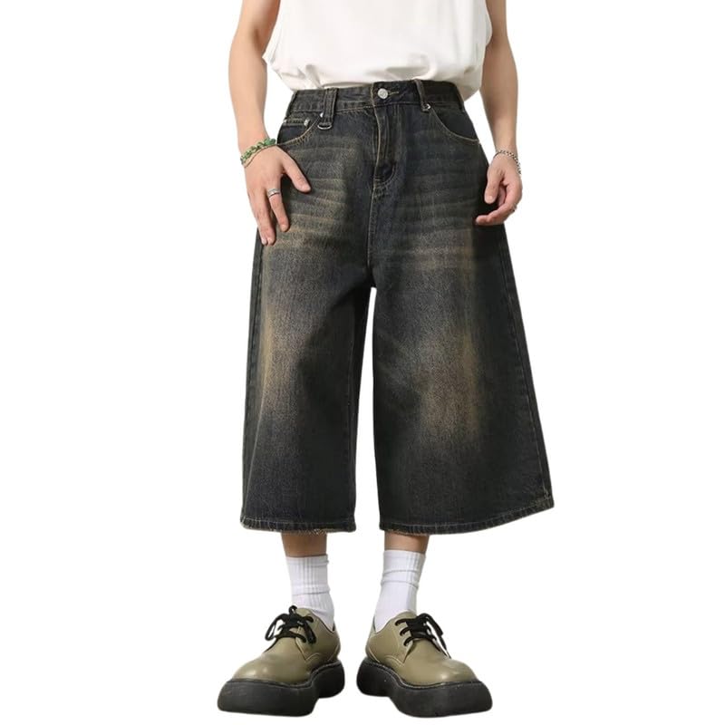 Mens Baggy Jeans Wide Leg Cropped Pants for Women High Waisted Hip Hop Summer Relaxed Fit Pants Emo Streetwear ﻿