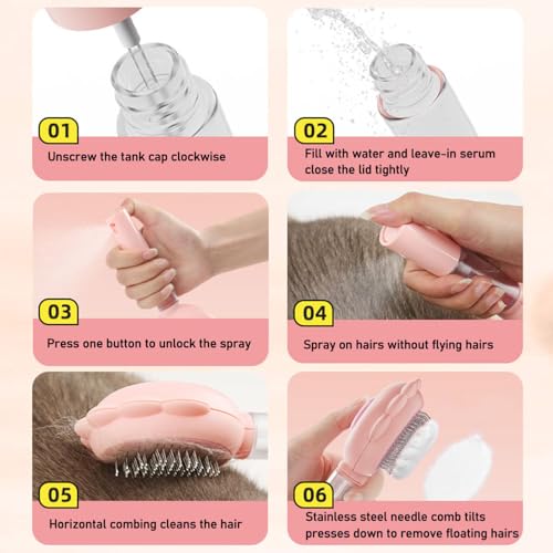 Image of Self-Cleaning Spray Cat Brush for Shedding, Deshedding Dog Spray Brush with Water Spray & One-Click Hair Release for Long /Short Haired Animals (Pink)