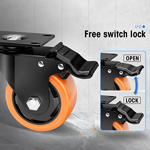 Image of 3 inch Caster Wheels Set of 8, Heavy Duty Casters with Brake, No Noise Locking Casters with Orange Polyurethane (PU) Wheels, Swivel Plate Castors Pack of 8