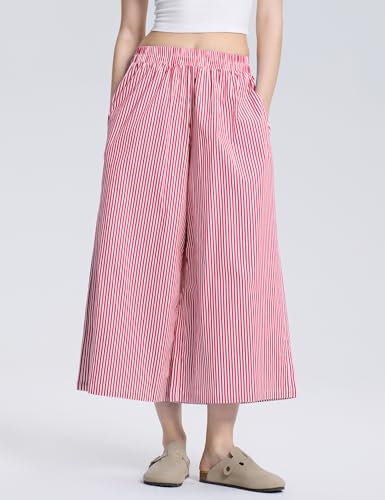 Image of LOMON Womens Wide Leg Capri Pants Gingham Plaid Culottes Summer Elastic Waist Palazzo Trousers Bottoms with Pockets