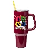 Silver Buffalo Harry Potter Hogwarts House Crest Featuring Gryffindor, Ravenclaw, Slytherin, and Hufflepuff Stainless Steel Tumbler with Handle and Straw, Fits in Standard Cup Holder, 40 Ounces