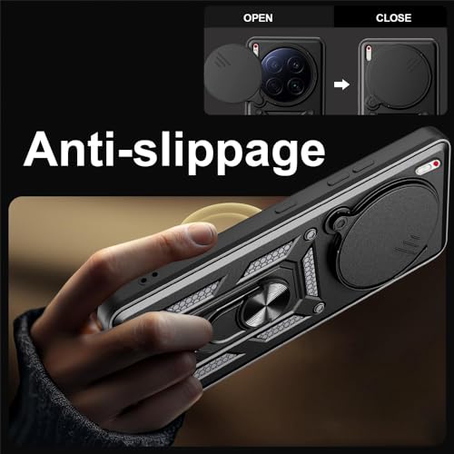 Image of Heavy Duty Back Case Cover for Tecno Camon 30 Premier 5G, Shockproof Tecno Camon 30 Premier Back Cover, Ring Case with Kickstand and Camera Protection Shutter - Black