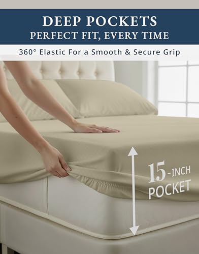 Image of LANE LINEN Deep Pocket Split King Sheets Adjustable Bed Sateen - Linen | Split King Size Bed Sheets - 5-Piece Set, For Guests And Everyday Use, For A Silky Hotel-Style Bed, Luxe Sheen,