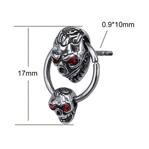 Unique Double Skull Dangle With Hoop Stainless Steel Crystal Earring Studs Gothic Biker Drop Earrings Men (Red) #TOP2