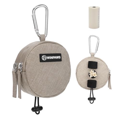 Dog Poop Bag Holder for Leashes- Dog Treat Pouch with Waterproof Zipper,Puppy Training Small Bag with Carabiner & Bungee Toggle,Two Pockets for Dry or Wet Treats-Pet Travel Walking Essentials (Khaki)