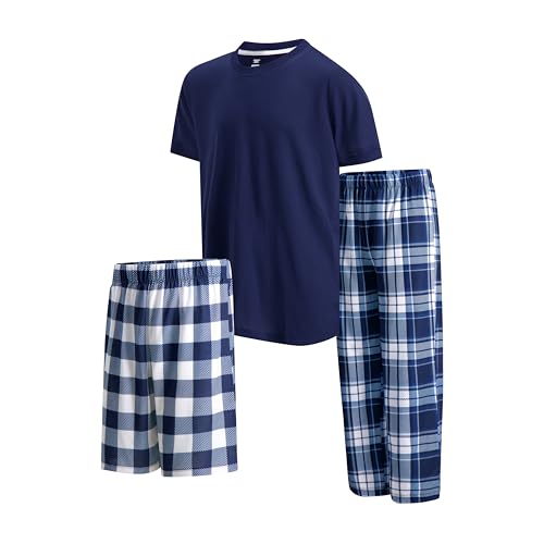 Image of US Angels Boys Pajamas Set | 3-Piece Pant, Shirt, Shorts Sleepwear Pjs for Kids | Loose Fit, Soft, Breathable Blue Plaid