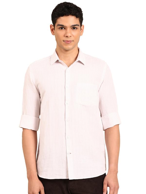 Image of Linen Club Men's Linen Rich Pink Striped Contemporary Fit Full Sleeve Casual Shirt