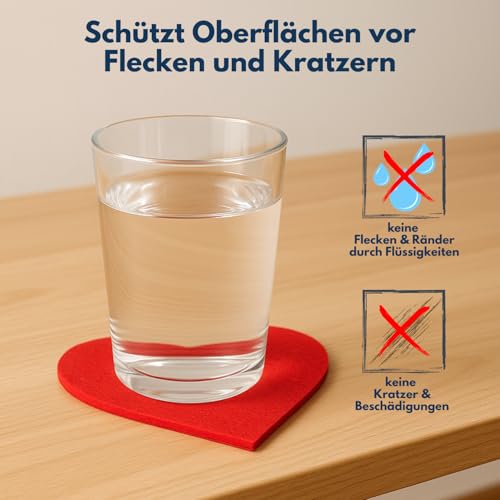edelkern Filz Herz Untersetzer | 12 Stück | Rote Filzherzen | Rote Untersetzer Deko Herzen für Getränke, Tassen & Gläser | Glasuntersetzer Dekoration für Hochzeit, Empfang, Geburtstag & Party