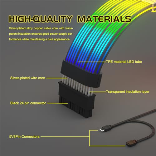 Sirlyr RGB Cable 24 Pin RGB Power Supply Cable Extensions - 5V 3 Pin Addressable ARGB Power Supply for PC Black Motherboard Black Style