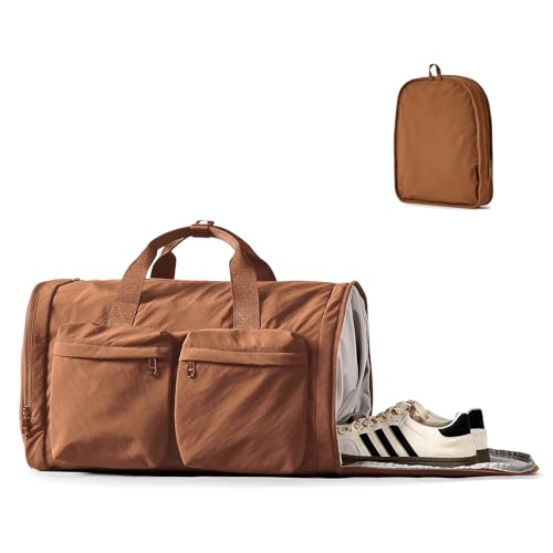 Aji Foldable Gym Bag for Women Men with Shoes Compartment, 3 in 1 Carry on Travel Duffel Bag with Trolley Sleeve, Lightweight&Water Resistant Duffel Bag for Travel, Sports, Fitness&Workout,Warm Brown