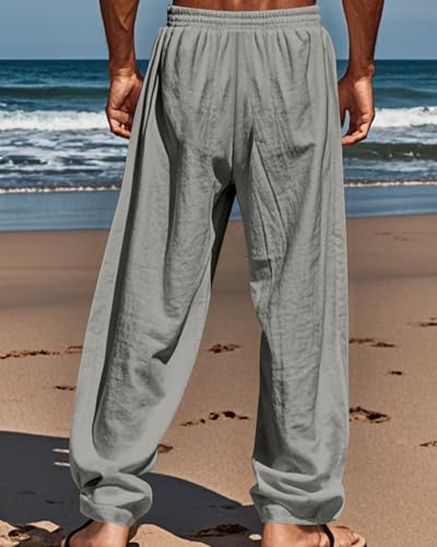 Men's Elastic Waist Cotton Pants Loose Straight Leg Casual Pants with Drawstring Lightweight Trousers3