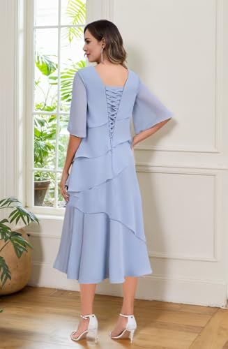 Tiered Chiffon Mother of The Bride Dresses for Women Wedding Tea Length Half Sleeve Lace Applique Formal Evening Gowns2