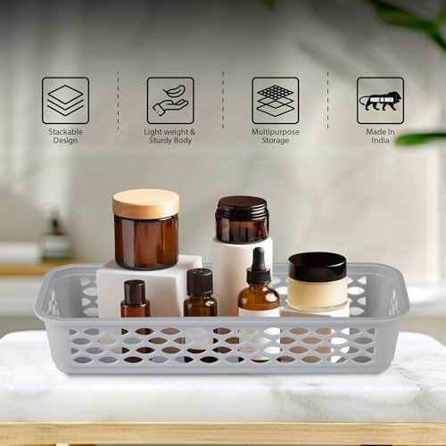 Image of RATAN PLASTICWARE Diana Tray Rectangular-Narrow (Pack of 6) Plastic Storage for Desk Basket /Organizers for Stationery, Jewellery, Tools,Kitchen, Office- Lt Brown /Daiso Grey /Twist Beige