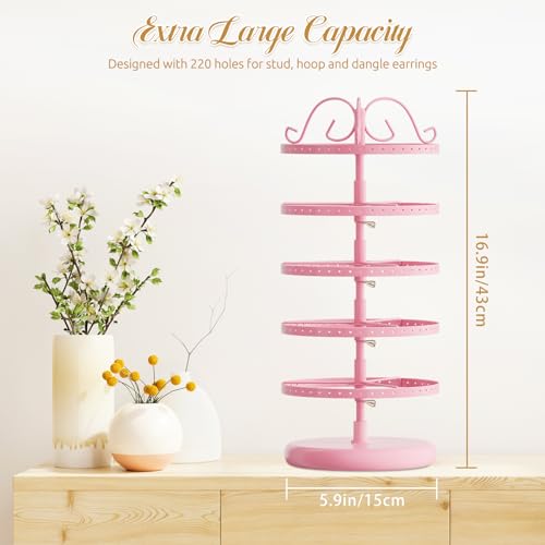 Image of MODOWEY 5 Tiers Metal Rotating Earring Holder Organizer Stand Adjustable Display Tree, 220 Holes Large Carousel Rack for Stud Hoop Pierced Dangling Women, Ideal View for Earrings, Light pink