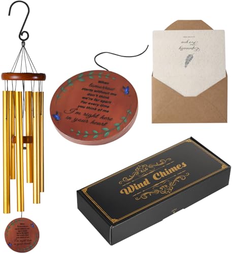 Image of Memorial Wind Chimes for Outside - Sympathy Wind Chimes for Loss of Loved One, Bereavement Gifts for Loss of Dad, Mom, Baby, Brother, or Friend - Outdoor Remembrance Gift in Gold (Round Design)