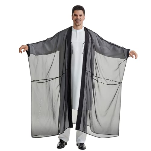 Arabic Men Oversize Open-style Straps Cardigan Kaftan Muslim Loose Long Sleeve See-through Thobe for Summer3