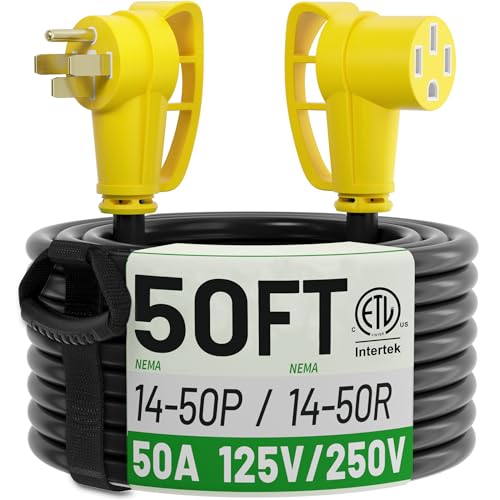 Image of NEMA 14-50P to 14-50R 50 FT 50 Amp RV /EV Extension Cord Outdoor | 50 Foot 4 Prong Heavy Duty RV Power Cord Waterproof with Cable Organizer, STW 50A 125 /250V 6250 /12500W, Yellow, ETL Listed