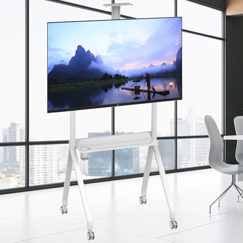 Soporte de TV móvil con ruedas, altura ajustable y estante para pantallas planas y curvas, solución portátil de entretenimiento en el hogar