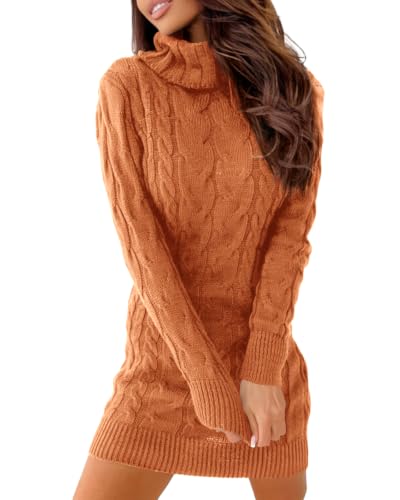 Image of Langwyqu Womens Cable Knit Long Sleeve Turtleneck Bodycon Sweater Dress