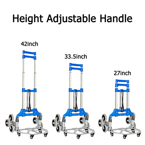 Fullwatt Stair Climber Cart, 15 Inch Height Adjustable Aluminum Portable Folding Stair Climbing Cart Tri-Wheels with Bungee Cord Heavy Duty All Terrain Stair Climbing Hand Truck (Blue)