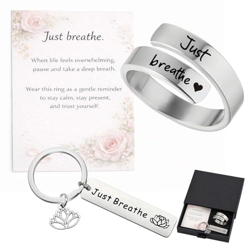TKABTOA Just breathe ring adjustable stainless steel spiral wrap for women hope rings inspirational rings breath hope jewelry calming mindfulness gift daily wear (Silver 7)