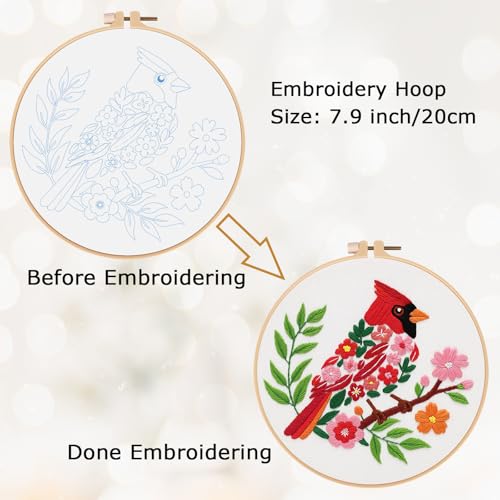 Image of Louise Maelys Cardinal Embroidery Kit, Cross Stitch Kit for Beginne | Animal Embroidery Starter Kit With Stamped Fabric, Hoop, Threads, Needles And Instructions For Adults,Easy Needlepoint