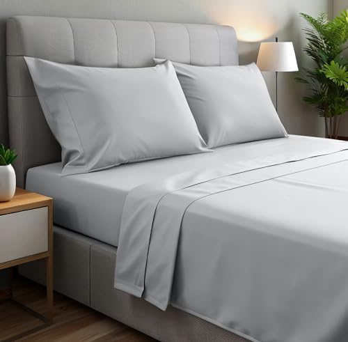 gobedreams Juego de Sábanas 4 Piezas 135x190/200. Sábanas de Cama de Poliéster Microfibra cepillada. Sábana Plana, Sabana Bajera Ajustable y 2 Fundas de Almohada. Color Gris Claro