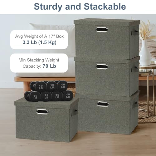 Graciadeco Large 17" 36 Quart Collapsible Stackable Storage Bins with Lids, 3 Packs Dark green Foldable Fabric Closet Storage Boxes with Lids, Heavy-duty Linen Cube Baskets(17x12x11)