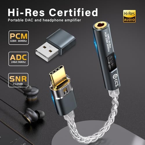 Image of USB C to 3.5mm Audio Adapter with Dual Chip Hi-Res 32bit /384KHz DAC& 24bit /96KHz ADC Dongle Cable Cord,USB C to Aux Dongle HiFi Headphone Jack Adapter with USB A Converter for Type C Devices (Blue)
