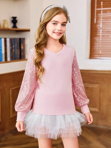 Image of Haloumoning Girls Sequin Shirts Kids Cute Long Sleeve V Neck Tops 5-14 Years