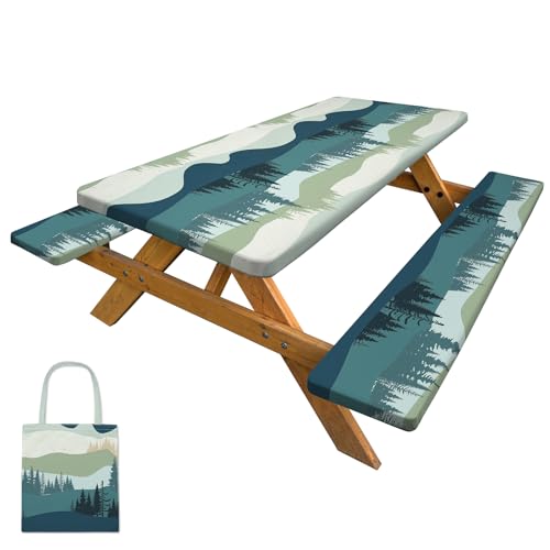 Picnic Table Cover with Bench Covers Camping Tablecloth with Storage Bag Windproof Waterproof Picnic Table Covers with Elastic for Camping