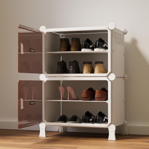 Image of BOXJOY 4 Shelf White Shoe Rack for Home with 2 Brown Doors, Hard PET Plastic with Metal Door Frame, Shoe Chappal Slipper Sandals Stand