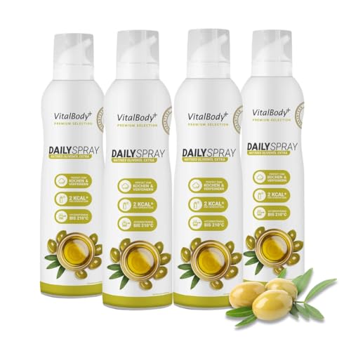 VitalBody+ DailySpray natives Olivenöl extra – 2 kcal Ölspray für Airfryer, Braten & Grillen – Kalorienarm Kochen – Non-stick Cooking Spray, 3200 Portionen, 4er Pack