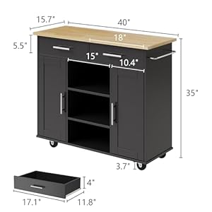 JY QAQA 40" Kitchen Island with Storage on Wheels, Portable Rolling Kitchen Island Cart with Cabinets, Waterproof Countertop, Drawers and Handle/Towel Rack for Kitchen, Dining Room, Black JY QAQA 40 Kitchen Island with Storage on Wheels Portable Rolling Kitchen Island Cart with Cabinets Waterproof Countertop Drawers and HandleTowel Rack for Kitchen Dining Room Black