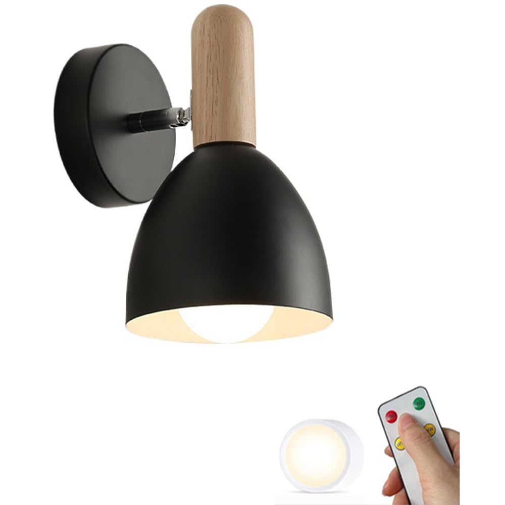 ZVALIEVYE Indoor Modern Farmhouse Industrial Battery Operated Wall Sconce Remote Dimmable Led Cordless Wall Light Fixture Rechargeable Wireless Wall Lamp for Bedside Kids Bedroom Living Room/Black