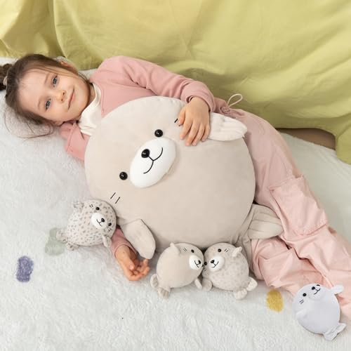 Image of MaoGoLan 5Pcs Fat Seal Plush with 4 Babies Inside - 20 inch Giant Ultra Soft Seal Stuffed Animal Throw Pillow - Squishy Mother-Babies Collection Gift for Seal Lover,Kids,Boys, Gray